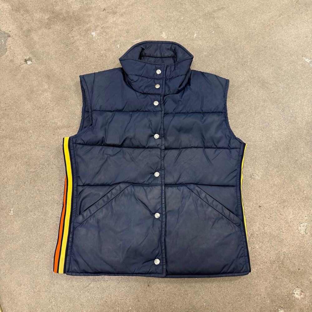 Vintage Robbe Skiwear Rainbow Stripe Puffer Vest Navy Women's Small Outdoor